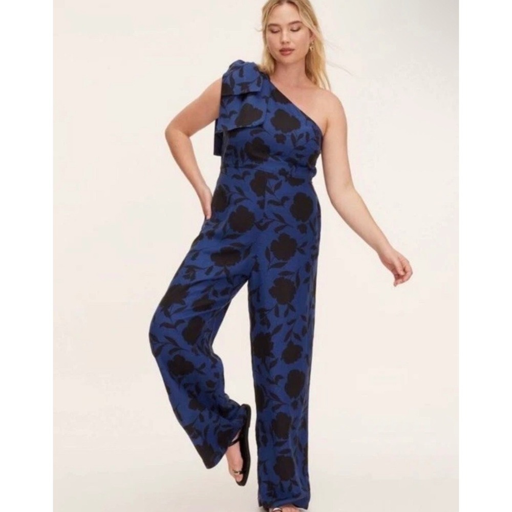 Kate Spade Target‎ Blue Black Floral One Shoulder Bow Jumpsuit Size 14 NWT
